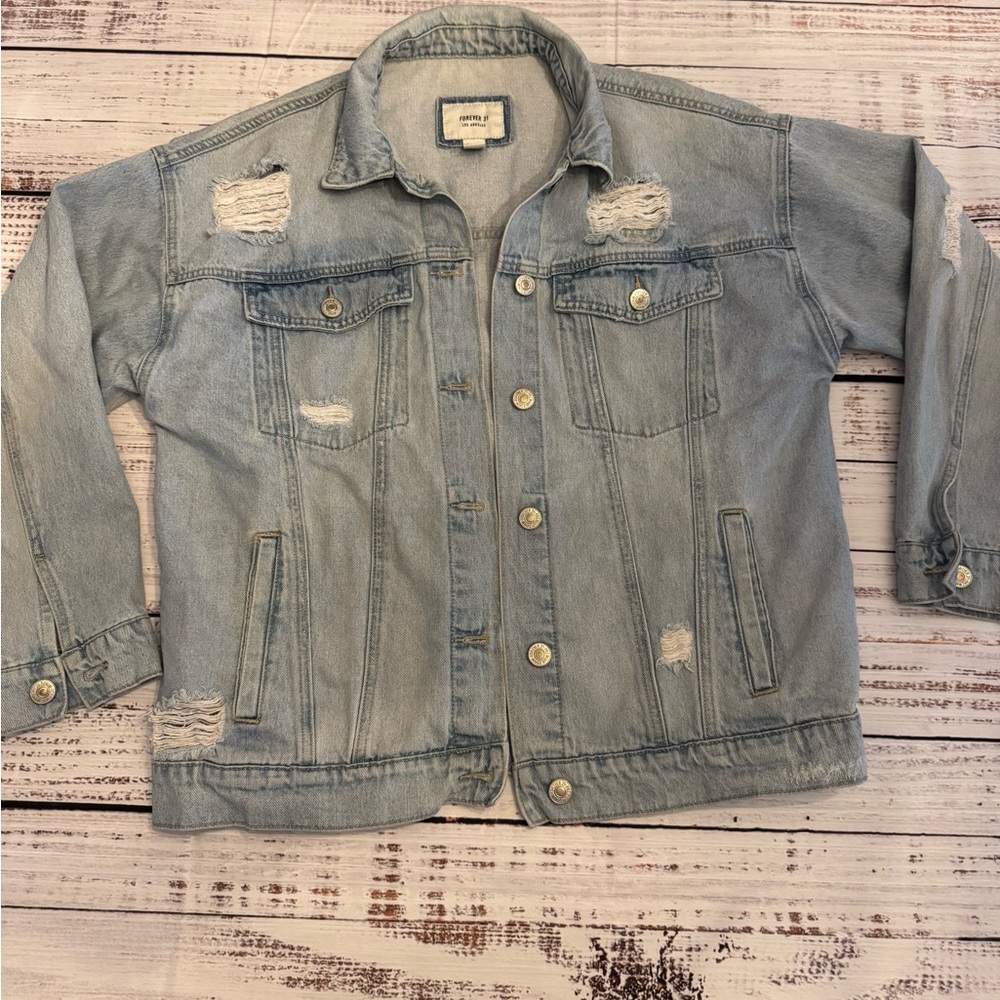 Forever 21 Light Blue Distressed Denim Jacket